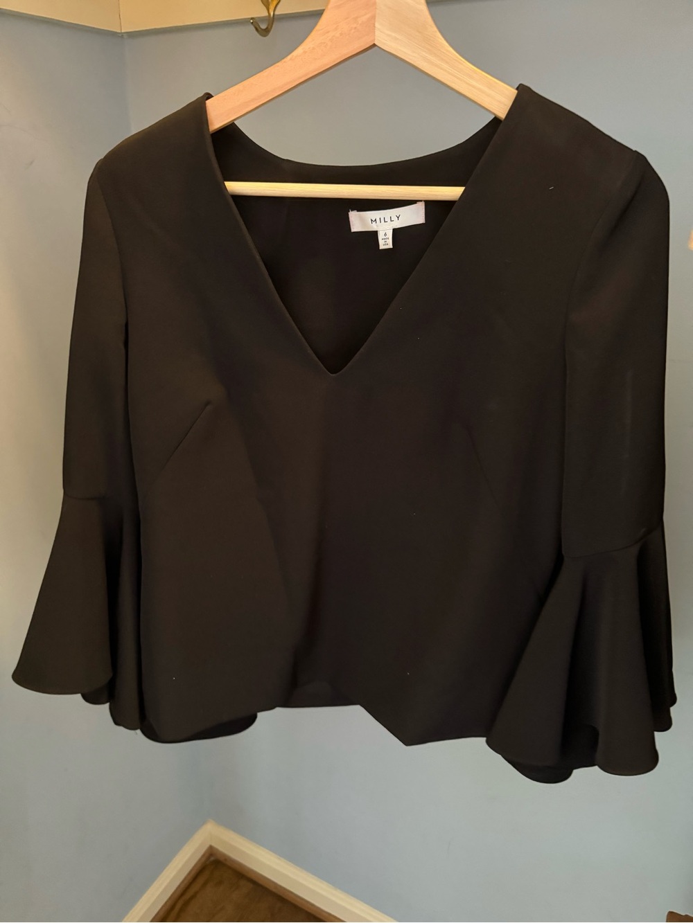 Milly Black V-Neck Bell Sleeve Blouse